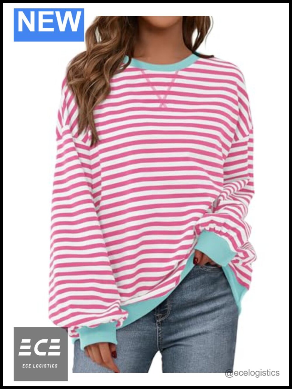 Oversized Striped Sweatshirt Lantern Sleeve Crewneck Loose Fit Pullover